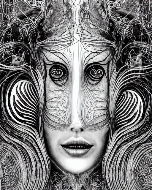 Prompt: mythical dreamy black and white organic bio - mechanical spinal ribbed profile face portrait detail of beautiful intricate monochrome angelic - human - queen - vegetal - cyborg with a visible detailed brain and neurons, highly detailed, intricate translucent jellyfish ornate, poetic, translucent microchip ornate, photo - realisitc artistic lithography in the style of hg giger