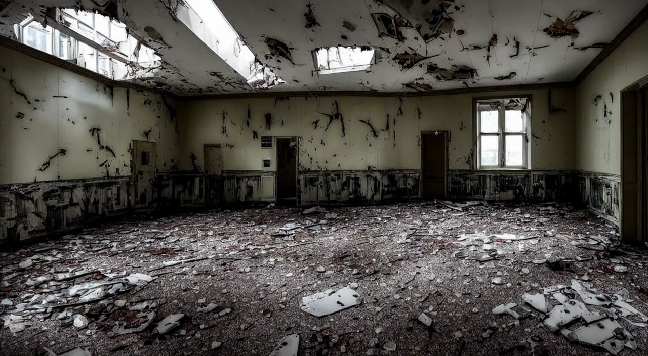 Image similar to photograph of the inside of a rotting abandoned hospital with a checkered floor, dark, no windows, horror | joe biden barely in view in the corner with a demonic grin on his face