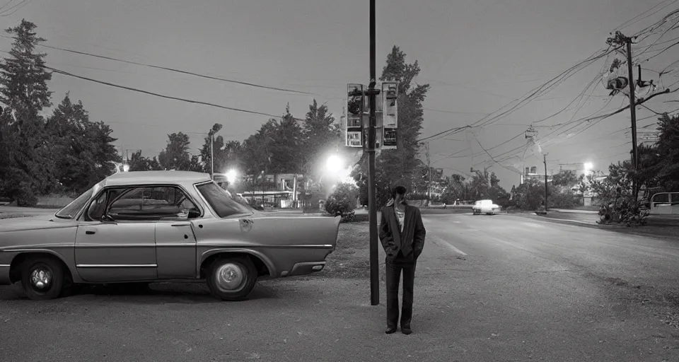 Image similar to a photograph of a car at an intersection with a person standing in its headlights by Gregory Crewdson