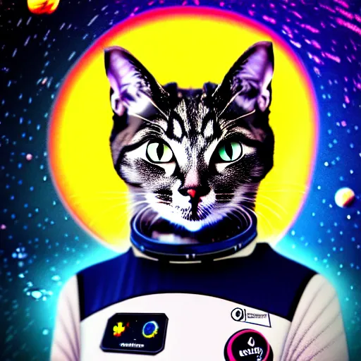 Prompt: A serious-looking cat wearing a space-suit, the background is inspired by two colliding galaxies, e-sports logo vector