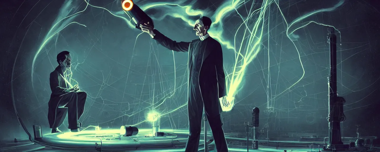 Image similar to duotone dark scifi illustration 3 / 4 portrait of nikola tesla with conducting eletricity experiments with tesla coils. cinematic lighting. golden ratio accidental renaissance. by sachin teng and sergey kolesov and ruan jia and heng z. graffiti art, scifi, fantasy, hyper detailed. octane render. concept art. trending on artstation