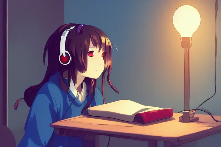 Prompt: lo - fi anime girl, wearing a blue cardigan and red aesthetic lo - fi headphones, studying in a brightly lit room, a lamp hovers above as it illuminates the room, nighttime!!!!!!, cgsociety contest winner, artstation, golden ratio, dim lighting, studio ghibli!!!, 4 k