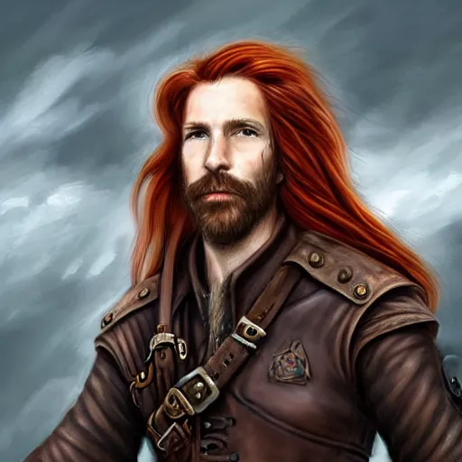 Image similar to portrait of a rugged!!!! male captain with long red hair!!!!!!, upper body, flowing hair, ethereal, handsome, leather coat, Steampunk airship!!!!!!!, D&D, fantasy, simple clothing!!!!, elegant, highly detailed, digital painting, deviantart, artstation, concept art, sharp focus, illustration, art by Artgerm and Greg Rutkowski and Alphonse Mucha