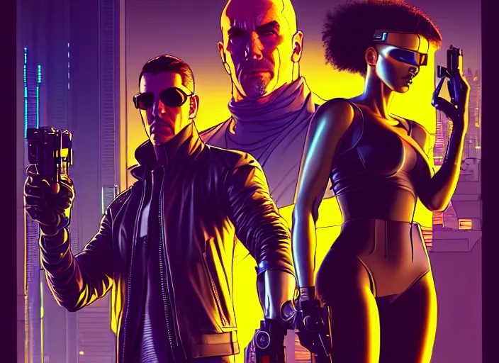 Image similar to cyberpunk hitmen. portrait by stonehouse and mœbius and will eisner and gil elvgren and pixar. character design. realistic proportions. cyberpunk 2 0 7 7 character art, blade runner 2 0 4 9 concept art. cel shading. attractive face. thick lines. the team. diverse characters. artstationhq.