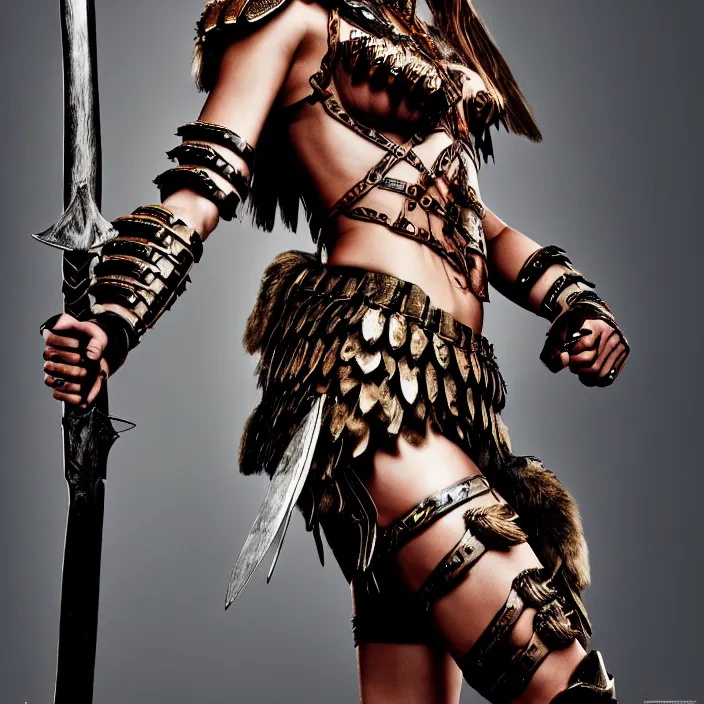 Image similar to professional full length photograph of cara delevingne as an amazon warrior. Extremely detailed. 8k