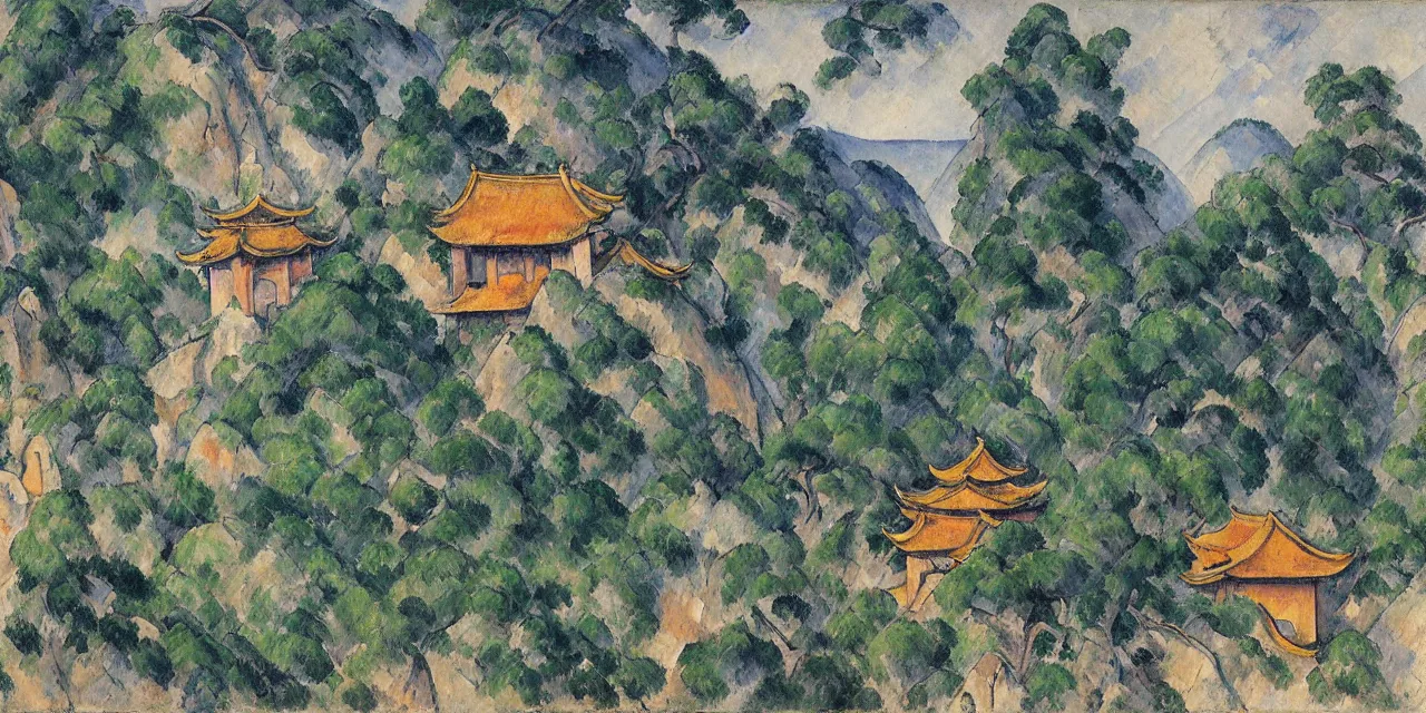 Prompt: the taoist temples of huangshan, landscape painting by paul cezanne