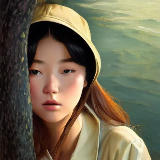 Image similar to oil painting by ilya kuvshinov,, baugh casey, artgerm craig mullins, leyendecker, of a youthful japanese girl, long hair, fishing and wearing fisherman's outfit, fisherman's hat, highly detailed, breathtaking face, studio photography, noon, intense bounced light, water reflection, large tree casting shadow, serine intense sunlight