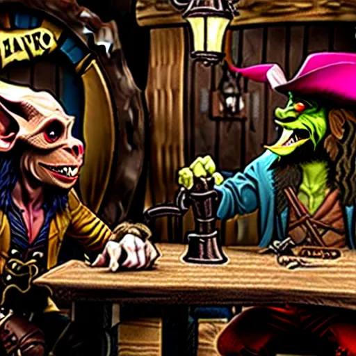 Image similar to a goblin with a large nose and a pirate with a bandana negotiating a contract with Jared Leto in a Western saloon.