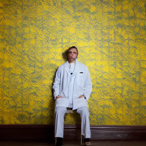 Image similar to ! dream a man wearing a lab coat inside endless backrooms with old yellow wallpaper, liminal space, flickering fluorecent lights, eerie mood