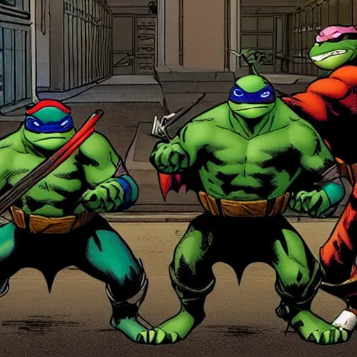 Image similar to ninja turtles fighting batman