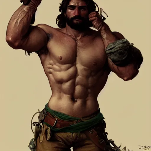 Prompt: portrait of a rugged ranger, muscular, upper body, hairy torso, detailed detailed detailed hands hands hands hands, D&D, fantasy, bare bare bare bare thighs thighs thighs intricate, elegant, highly detailed, digital painting, artstation, concept art, smooth, sharp focus, illustration, art by alphonse mucha