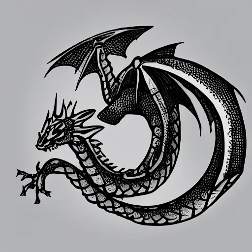 Prompt: an image on a white background of a very cute small dragon with well-designed head and four legs, logo, ink