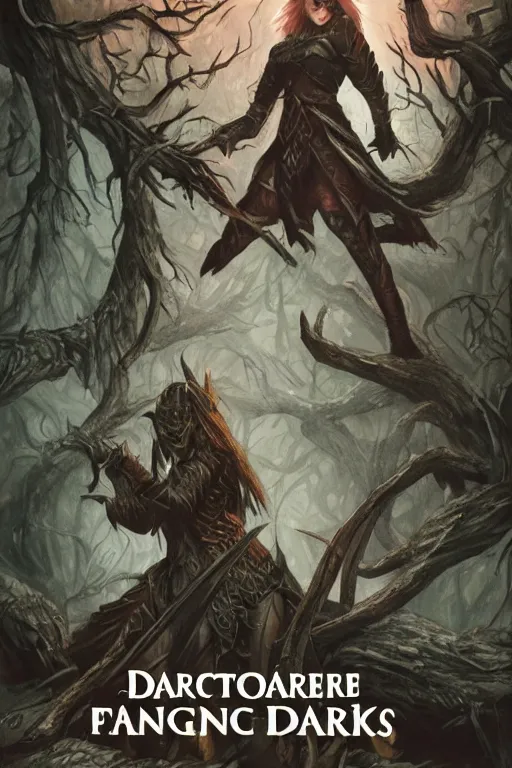 Image similar to dramatic dark forest scenery, girl with fangs in hide leather armor, D&D book-cover