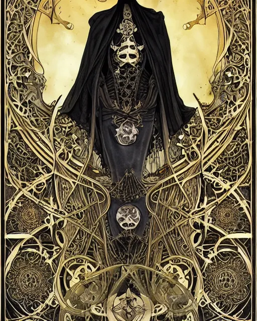 Image similar to a skeleton in a black cloak, highly detailed, very intricate, art nouveau, gold filigree, left right symmetry, tarot concept art watercolor illustration by mandy jurgens and alphonse mucha and alena aenami, featured on artstation