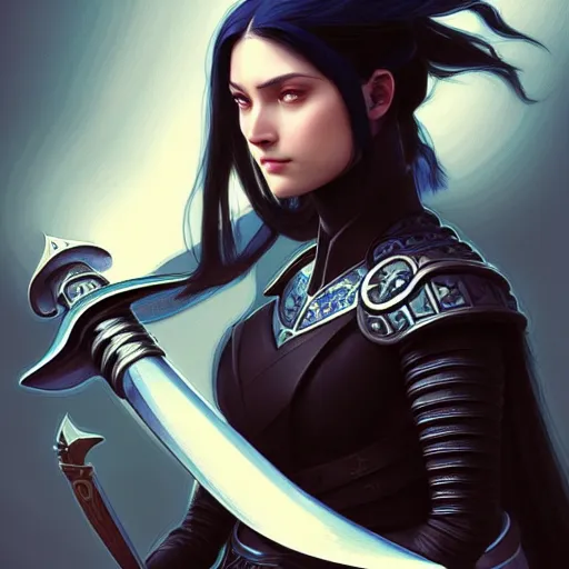 Image similar to portrait, woman dressed in plate armor with black hair and blue eyes wielding a greatsword, elegant, digital illustration, fire magic, detailed, intricate, sharp focus, digital painting, deep focus, digital painting, artstation, concept art, matte, art by artgerm and greg rutkowski and alphonse mucha