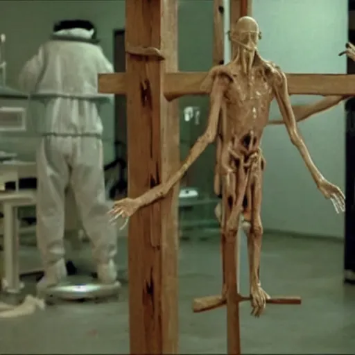 Prompt: an alien getting crucified in an experimental lab, realistic found footage video, grainy