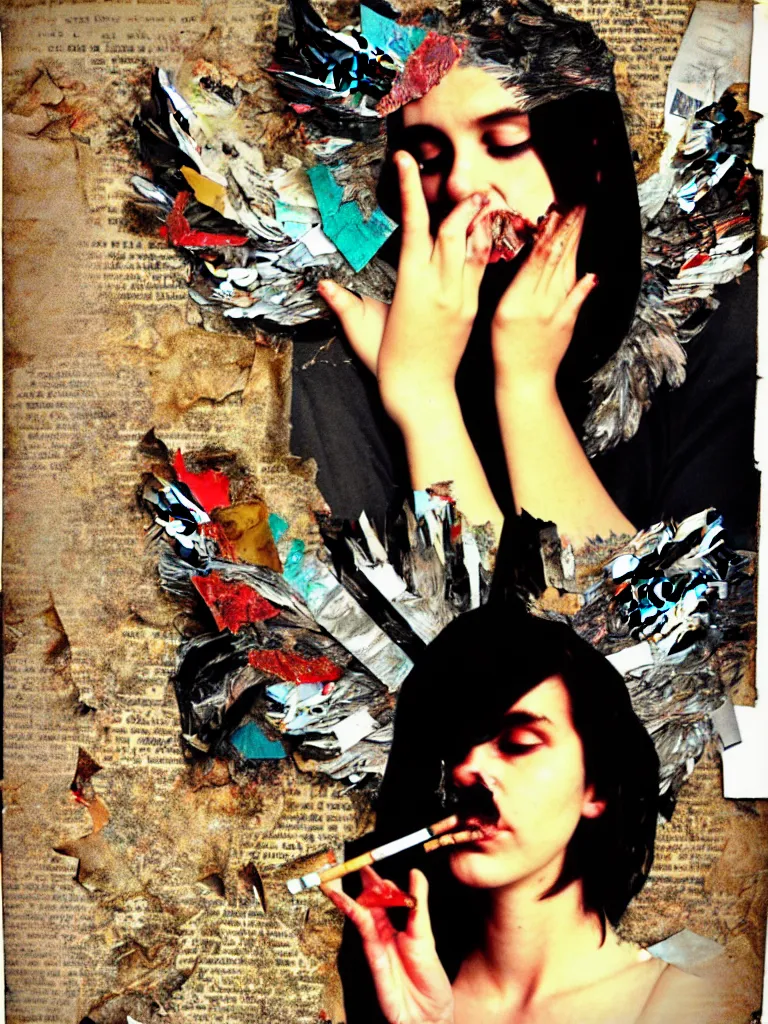 Image similar to a young adult angelgirl smoking a cigarette and ratty feathered angel wings, stressed and burnt out, collage effect, collaged, torn paper, torn paper collage, overexposure, overexposed, high exposure