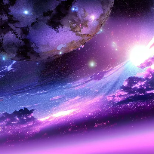 Image similar to anime style hd wallpaper of outer space horizon, glittering stars scattered about, lilac colors