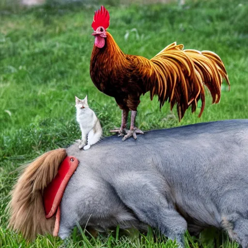 Image similar to a rooster on top of a cat on top of a dog on top of a donkey