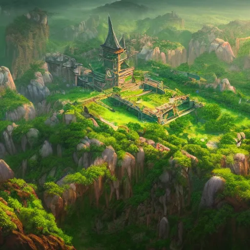 Image similar to beautiful render of forgotten kingdom with nearby village, by andreas rocha and makoto shinkai, green color, aerial photography, ultrawide lens, unreal engine, 4 k hd wallpaper : 2