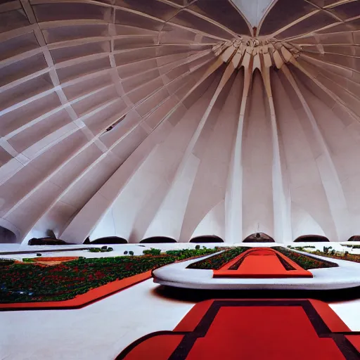 Image similar to interior of a futuristic lotus temple with gold, red and white marble panels, in the desert, by buckminster fuller and syd mead, intricate contemporary architecture, photo journalism, photography, cinematic, national geographic photoshoot