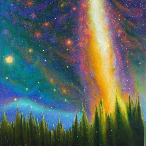 Prompt: a futaristic crystal city with elves. the milky way is in the sky. highley detailed oil painting