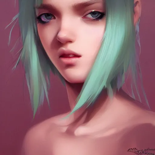 Image similar to very cool girl blonde hair black back, mint higlights, strong eyelashes, cute nose and lips makeup, nose piercing, detailed portrait, intricate complexity, by greg rutkowski, artgerm, ross tran, conrad roset, takato yomamoto, ilya kuvshinov. 4 k, beautiful, cinematic dramatic atmosphere