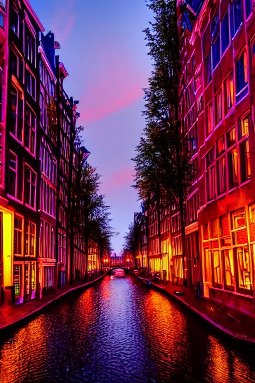 Image similar to neon streets of amsterdam, 4 k, award winning photo, cyberpunk style