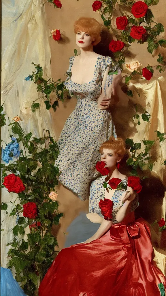 Prompt: portrait of young julee cruise in detailed golden sleeve balloon dress beside a pot of red roses, a persian blue detailed curtain in back painted by john singer sargent