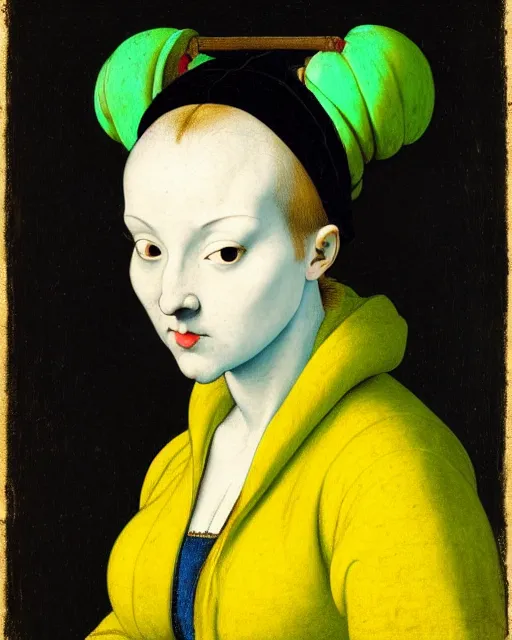 Image similar to portrait of a pale curvy woman with green blue hair buns, wearing a yellow hoodie, intricate details, high detail, black background, in a high renaissance style, in the style of jacopo da pontormo and william segar, punk, asian art,