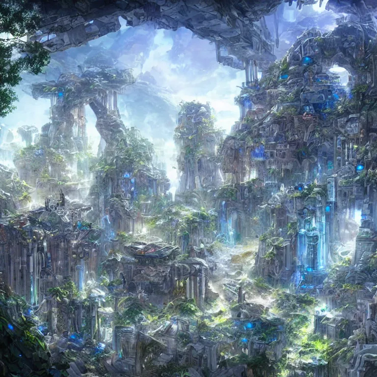 Prompt: crystalline cyberfantasy village built on the treetops, ancient ruins fresco murals on the walls, science fiction environment concept art, ultra detailed, intricate, bright