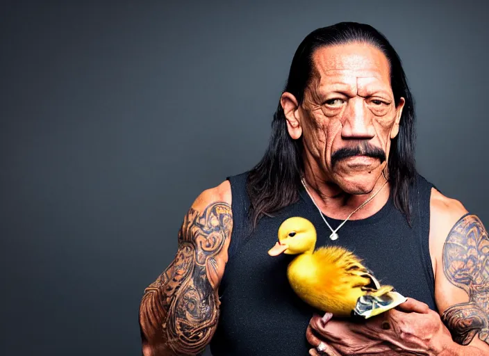 Image similar to photo still of danny trejo at the county fair!!!!!!!! at age 5 6 years old 5 6 years of age!!!!!!!! holding a baby duck he won, 8 k, 8 5 mm f 1. 8, studio lighting, rim light, right side key light