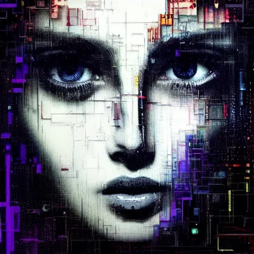 Prompt: hyperrealistic portrait of a young women with crystal eyes, centered pupil, by Guy Denning, by Johannes Itten, by Russ Mills, glitch art, hacking effects, digital tech effects, cyberpunk, color blocking!, oil on canvas, intricate detail, concept art, abstract, detailed lines, clean, polished, symmetrical, octane, cgsociety, 8k, trending on artstation