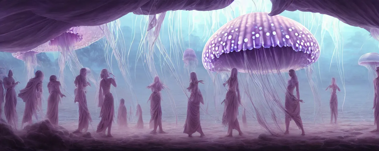 Prompt: A painting of priestesses worshipping at the jellyfish temple, shrouded in mist, jellyfish god, 8K, illustration, art by Stéphane Roux and artgerm and Makoto Shinkai and Mohiro Kitoh, smoke, cinematic, insanely detailed and intricate, hypermaximalist, elegant, super detailed, award-winning, mauve and cyan, mysterious, ancient, ritual, ethereal, trending in cgsociety, artstation HQ, ornate, elite, haunting, matte painting