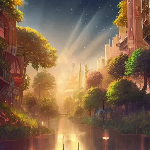 Image similar to Beautiful happy picturesque charming sci-fi city in harmony with nature. Beautiful light. Nice colour scheme, soft warm colour. Beautiful detailed artistic digital painting by Vincent. (2022)