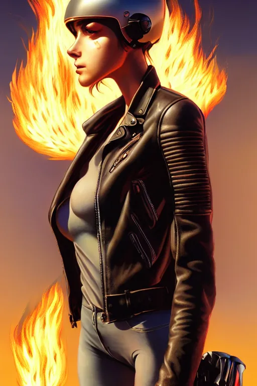 Image similar to a ultradetailed beautiful panting of post apocalyptic woman with motorbike in leather jacket with helmet in front of burning desert, anatomically correct, pretty face, high detailed face, by ilya kuvshinov, greg rutkowski and makoto shinkai, trending on artstation