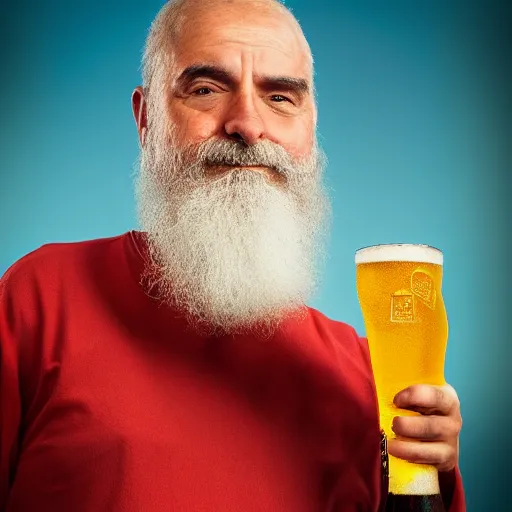 Image similar to a portrait Claus Iohanis drinking a beer, highresolution ,reallife , photo