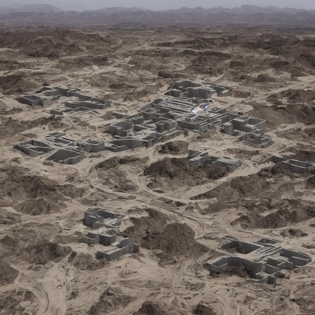 Prompt: neo brutalist herzog & de meuron bioremediation architecture in the mining tailing in the desert