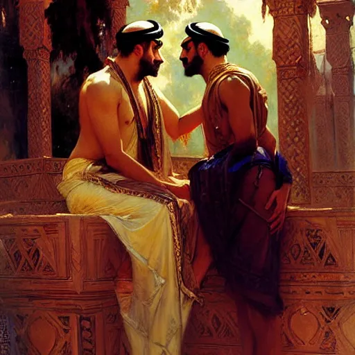 Image similar to attractive arab king in love with his attractive male prince. highly detailed painting by gaston bussiere, craig mullins, j. c. leyendecker