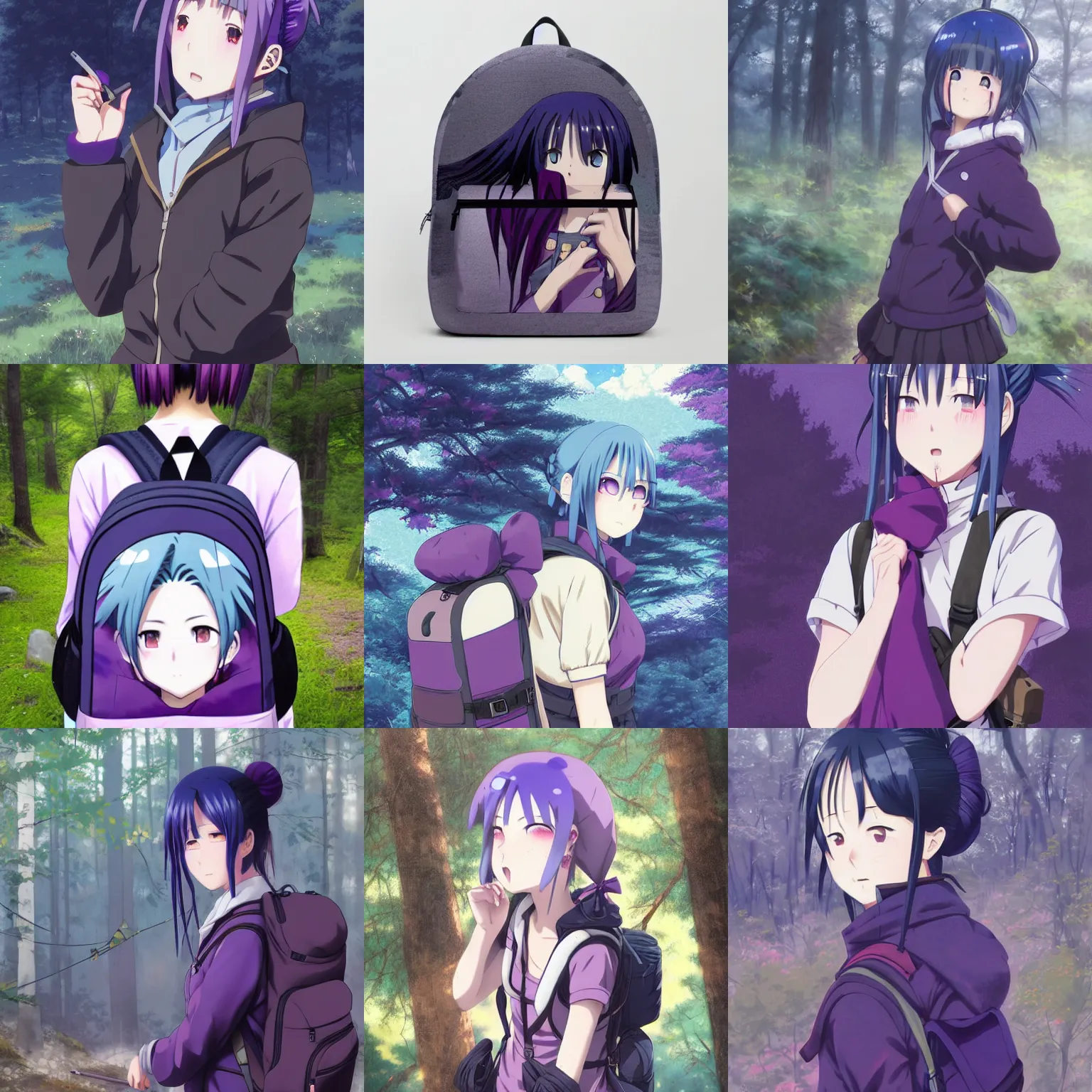 Image similar to anime shima rin shimarin yuru camp dark - blue hair bun tied in a high bun purple violet eyes portrait by greg rutkowski forest background backpack