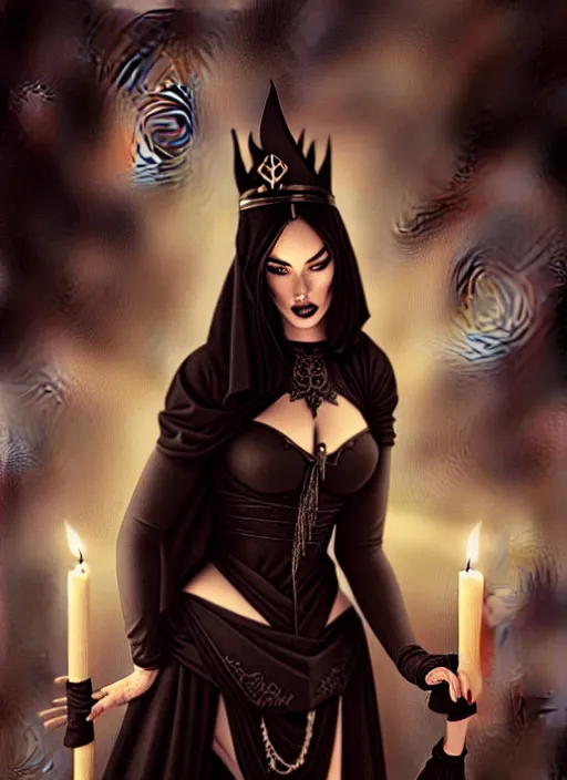 Prompt: megan fox witch queen, black eyes, blood, full body, intricate victorian dress, middle shot, cinematic lighting, symmetrical eyes, caravaggio, artgerm, joshua middleton, rafael albuquerque, charlie bowater, moody lighting, candles