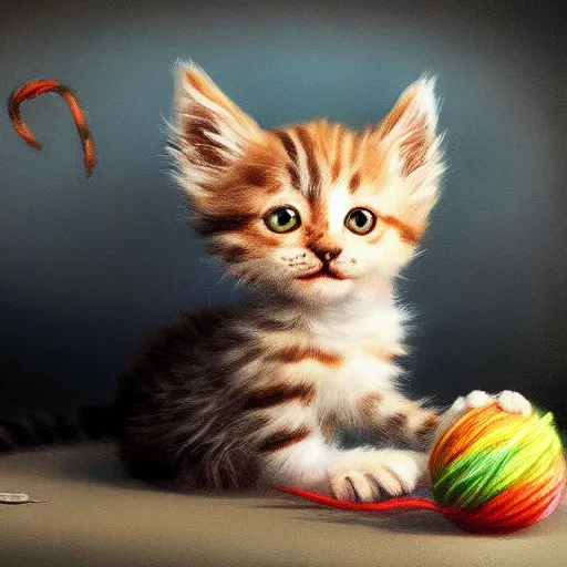 Prompt: beautiful digital realistic painting of a cute kitten playing with a ball of yarn painted by Alexander Jansson, colorful,4k unreal engine, Trending on artstation