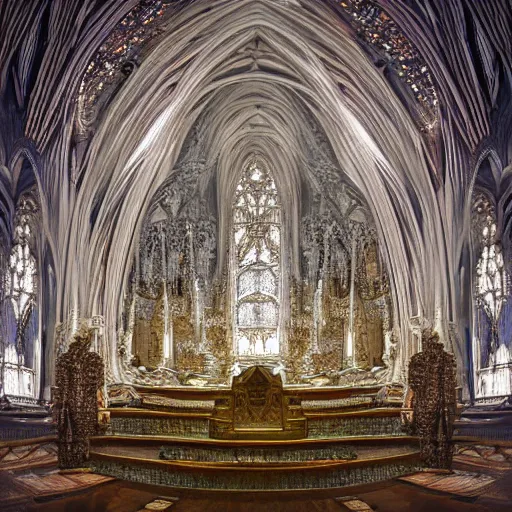 Image similar to a hyperrealistic 3 d render of a huge sprawling fractal cathedral interior populated by mandelbrot fractals by android jones, unreal engine, carved soap, white color scheme, volumetric lighting, octane render, dramatic lighting, glowing, carved marble, opalescent, carved wood, sacred geometry, religious, angelic, catholicpunk, stark, 8 k, ultra detailed