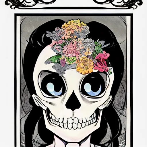 Prompt: anime manga skull portrait cuphead girl disney cartoon skeleton illustration style by Alphonse Mucha pop art nouveau