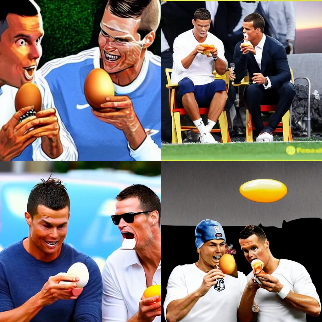 Prompt: Ronaldo and Tom Brady eating a fried egg, photo, highly detailed