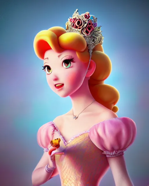 Prompt: an epic comic book style full body portrait painting of feminine princess peach, elegant, character design by Mark Ryden and Pixar and Hayao Miyazaki, unreal 5, DAZ, hyperrealistic, octane render, cosplay, RPG portrait, dynamic lighting, intricate detail, summer vibrancy, cinematic
