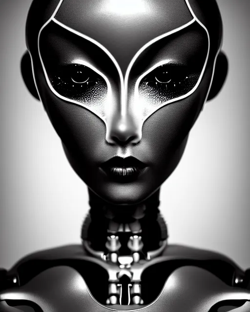 Image similar to surreal mythical dreamy dark artistic black and white fine art 3 / 4 fashion portrait photo of a young beautiful delicate female robot with orchid - owl face, rim light, cinematic, studio dramatic light, poetic, masterpiece, octane render, 8 k, photo - realistic by hg giger and man ray