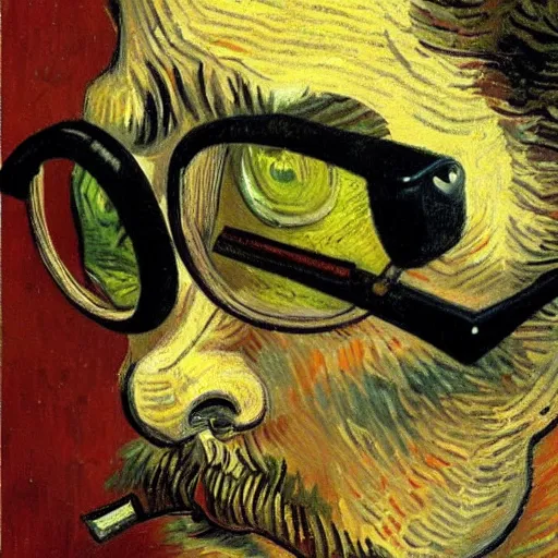 Image similar to grumpy software dev working on a pair of spectacles, surreal, dali, van gogh