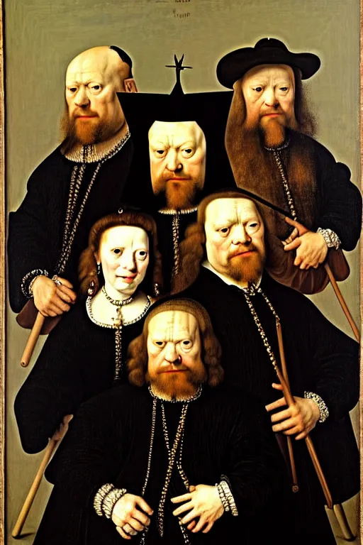 Prompt: high quality celebrity portrait of the group rtj in a crown and sunglasses painted by the old dutch masters, rembrandt, hieronymous bosch, frans hals, symmetrical detail