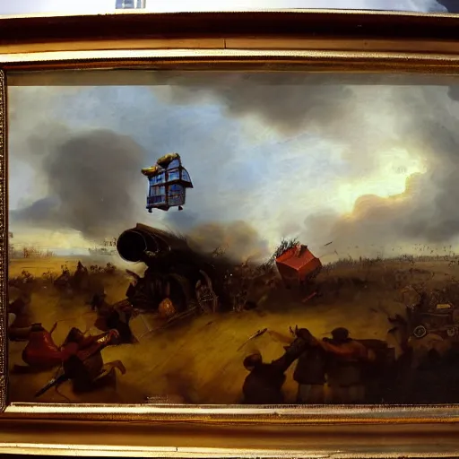 Prompt: Highly detailed and cinematic romantic period oil painting of a tardis tardis flying flying flying high over the battlefield at Waterloo, strong atmosphere, oil painting masterpiece by Rembrandt, dynamic lighting, 8K